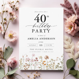 Garden Floral Calligraphy 40th Birthday Invitation