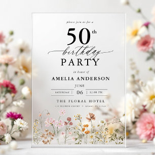 Garden Floral Calligraphy 50th Birthday Acrylic Invitations