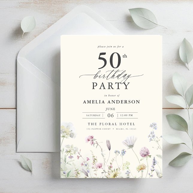 Garden Floral Calligraphy 50th Birthday Invitation (Creator Uploaded)