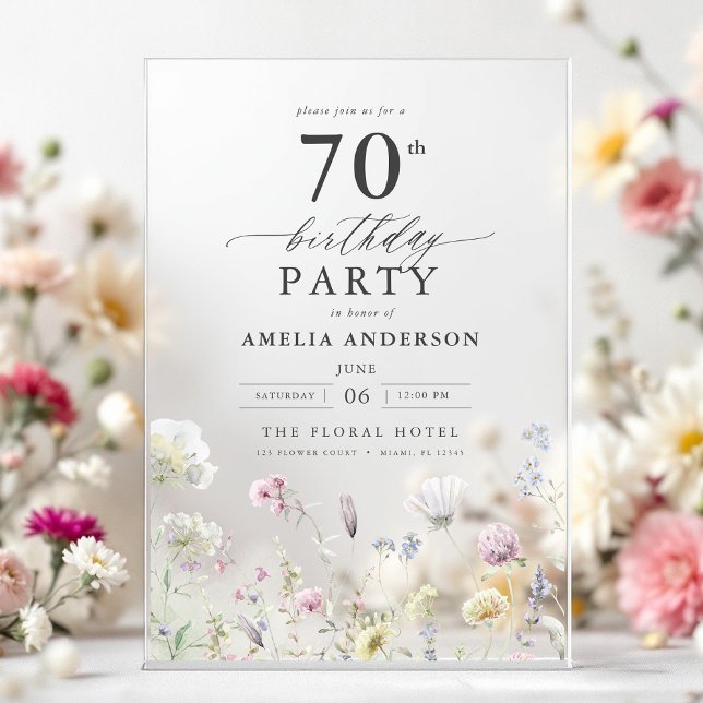 Garden Floral Calligraphy 70th Birthday Acrylic Invitations (Creator Uploaded)