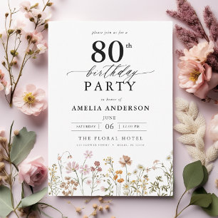 Garden Floral Calligraphy 80th Birthday Invitation