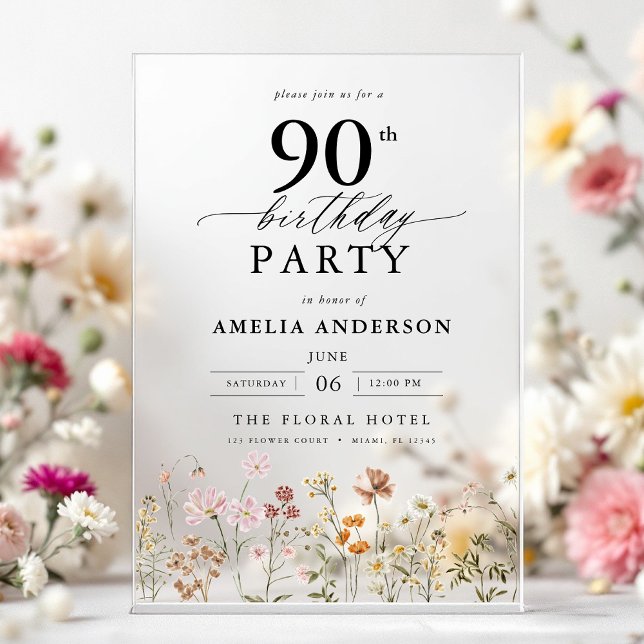Garden Floral Calligraphy 90th Birthday Acrylic Invitations (Creator Uploaded)