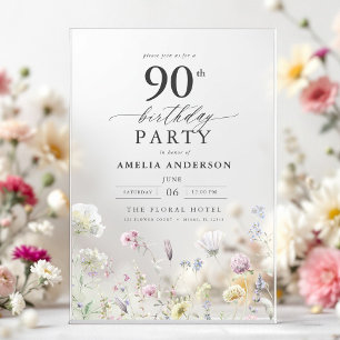 Garden Floral Calligraphy 90th Birthday Acrylic Invitations