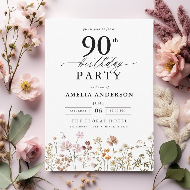 Garden Floral Calligraphy 90th Birthday Invitation (Creator Uploaded)