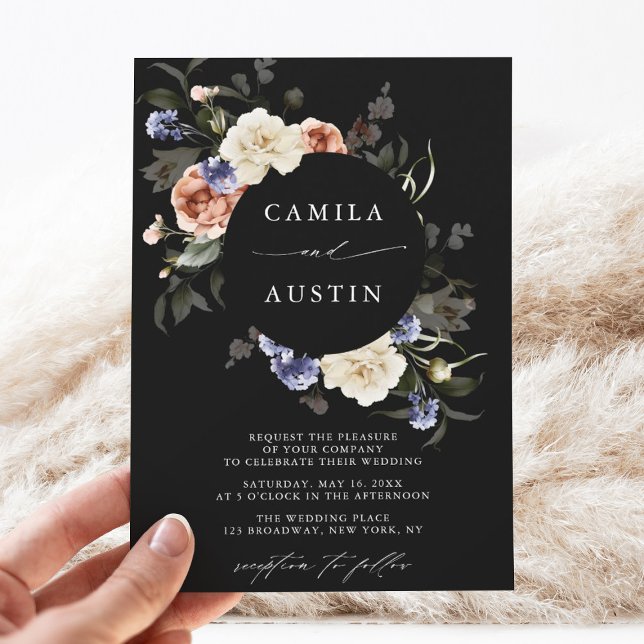 Garden Floral Circle Frame Black Wedding Invitation (Creator Uploaded)