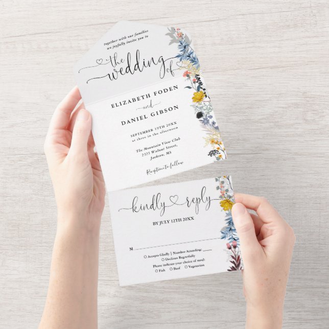Garden Floral Elegant Hearts Script Wedding All In One Invitation (Tearaway)