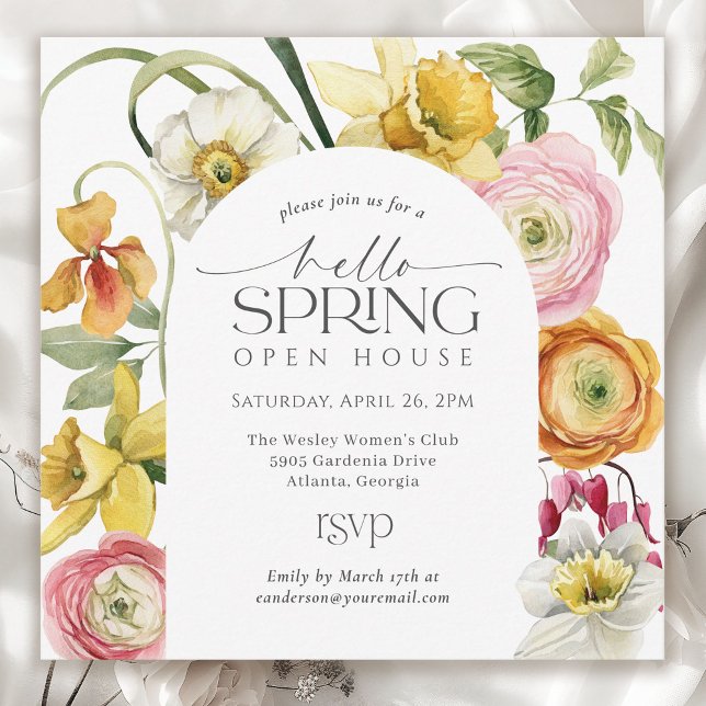 Garden Floral Hello Spring Open House  Invitation (Available in both printed and instant download digital formats.)
