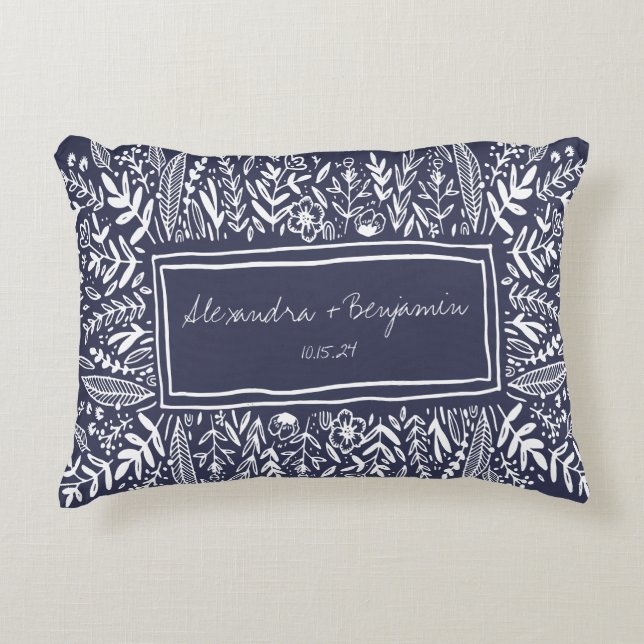Garden Floral in Blue Border Personalised Wedding  Decorative Cushion (Front)