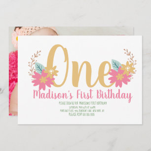 Garden Floral Pink Party First Birthday Invitation