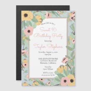 Garden Floral Pink   Yellow Bouquet Sweet 16 Party Magnetic Invitation