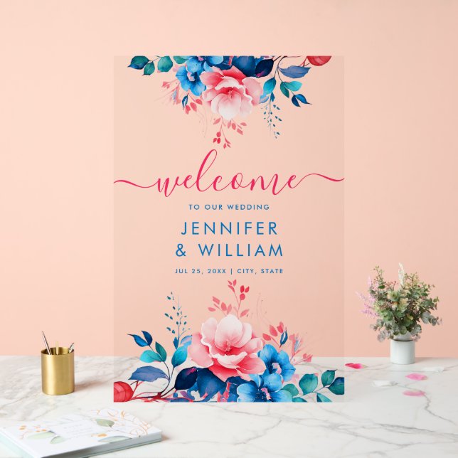 Garden Floral Script Wedding Welcome Blue & Pink Acrylic Sign (Wedding)
