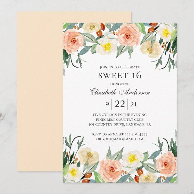 Garden floral Sweet 16. Blush flower 16th birthday Invitation (Front/Back)