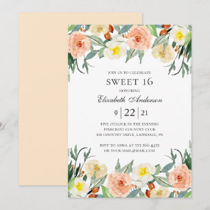 Garden floral Sweet 16. Blush flower 16th birthday Invitation