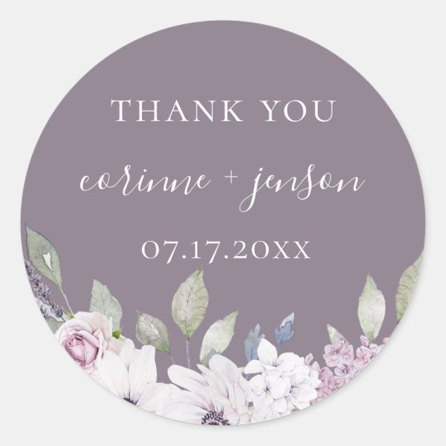Garden Floral Violet Wedding Favour Classic Round Sticker (Front)