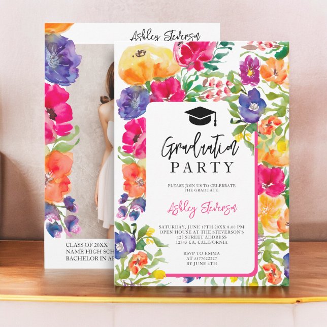 Garden floral watercolor photo graduation invitation (Garden floral watercolor photo graduation invitation)