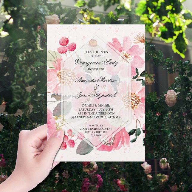 Garden Flowers Engagement Party Invitation (Watercolor pink garden flowers engagement party invitations)