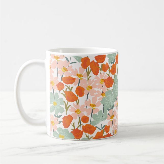 Garden flowers: pink, orange seamless coffee mug (Left)