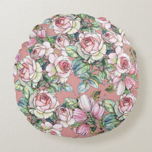 Garden flowers rose with tulips painted in waterco round cushion