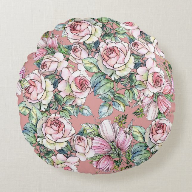 Garden flowers rose with tulips painted in waterco round cushion (Front)