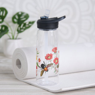 Garden Flowers Water Bottle, Bee, Vintage Floral Bottle