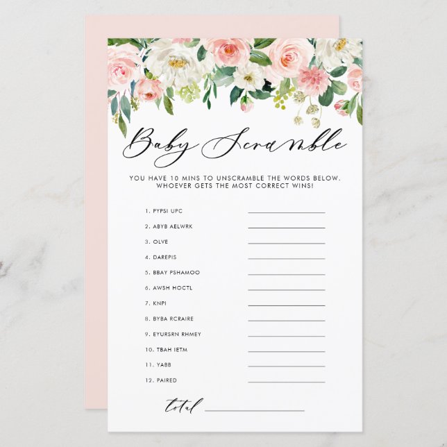 Garden Flowers Word Scramble Baby Shower Game (Front/Back)