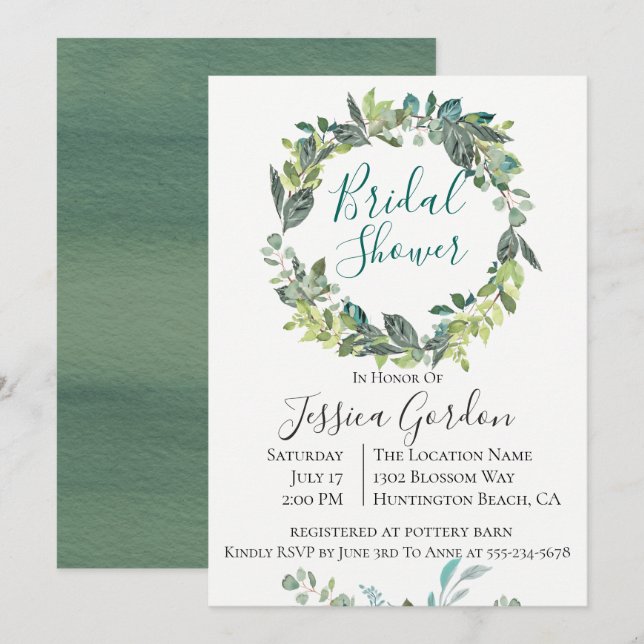Garden Foliage Wreath Bridal Shower Invitation (Front/Back)