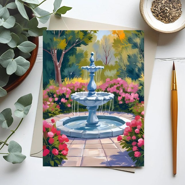 Garden Fountain Floral Painting Postcard (Creator Uploaded)