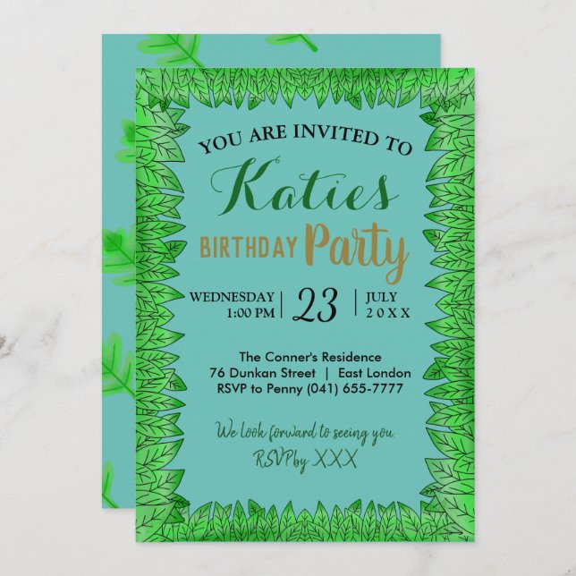 Garden Fresh Nature Simple Leaves Green Birthday Invitation (Front/Back)