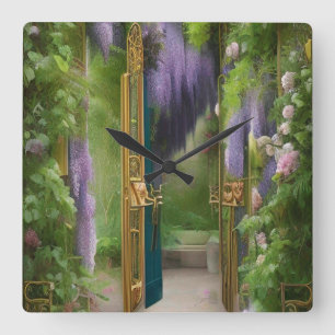 Garden Gate and Wisteria Square Wall Clock