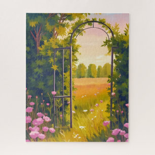 Garden Gate Pink Flowers Botanical Watercolor Jigsaw Puzzle