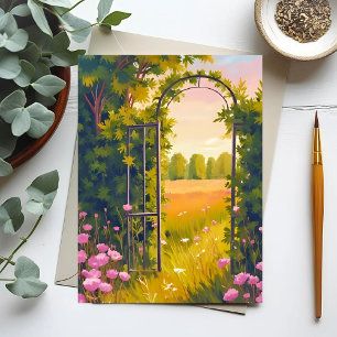 Garden Gate Pink Flowers Botanical Watercolor Postcard