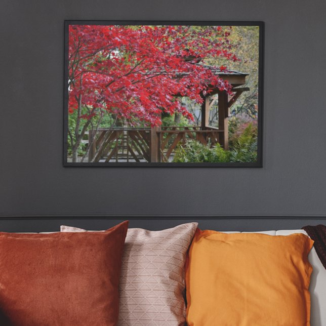 Garden Gazebo and Red Maple Leaves Poster (In Situ Framed)