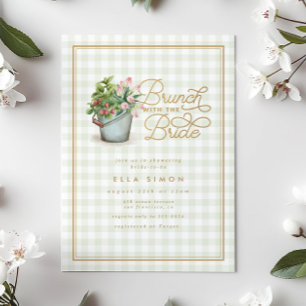 Garden Gingham Sage Gold Bridal Shower Brunch Invitation