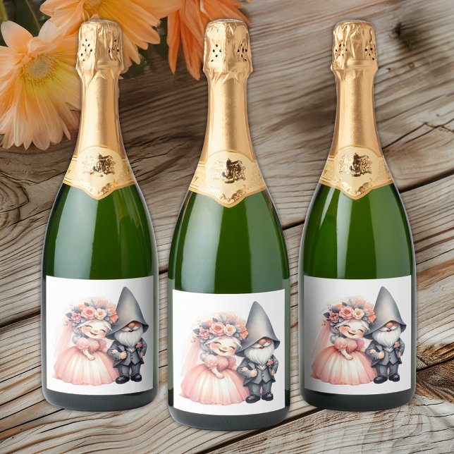 Garden Gnome Bride Groom  Fairytale Rustic Wedding Sparkling Wine Label (Creator Uploaded)