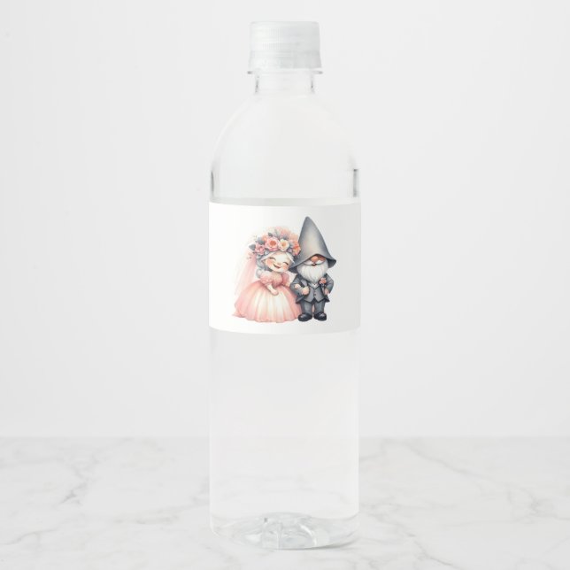 Garden Gnome Bride Groom  Fairytale Rustic Wedding Water Bottle Label (Front)