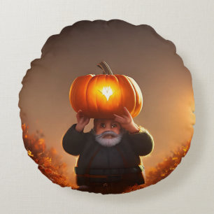 Garden Gnome Carrying A Pumpkin, Round Cushion