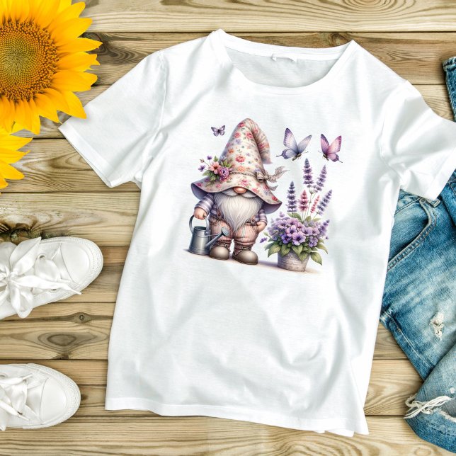 Garden Gnome Flowers Lavender Gift Women's T-Shirt (Garden Gnome with Purple Flowers butterflies, lavender and a watering can)