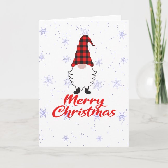 Garden Gnome Merry Christmas Red buffalo Plaid Holiday Card (Front)