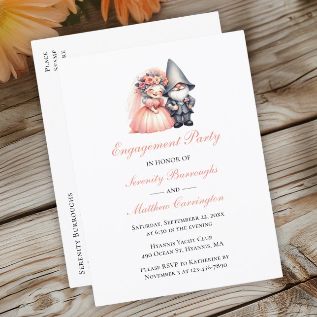  Garden Gnome Orange Woodland Engagement Party  Announcement Postcard (Creator Uploaded)