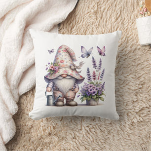 Garden Gnome Purple Pink Flower Lavender Butterfly Cushion