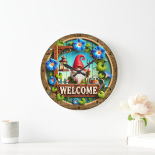 Garden Gnome Welcome Large Clock