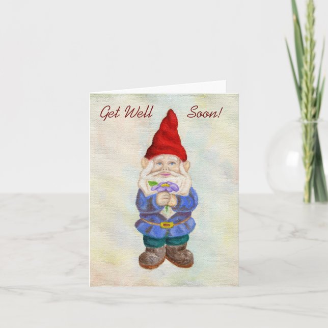 Garden Gnome with Flower get well card (Front)