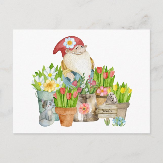Garden Gnome with Flowers and Cat  Postcard (Front)