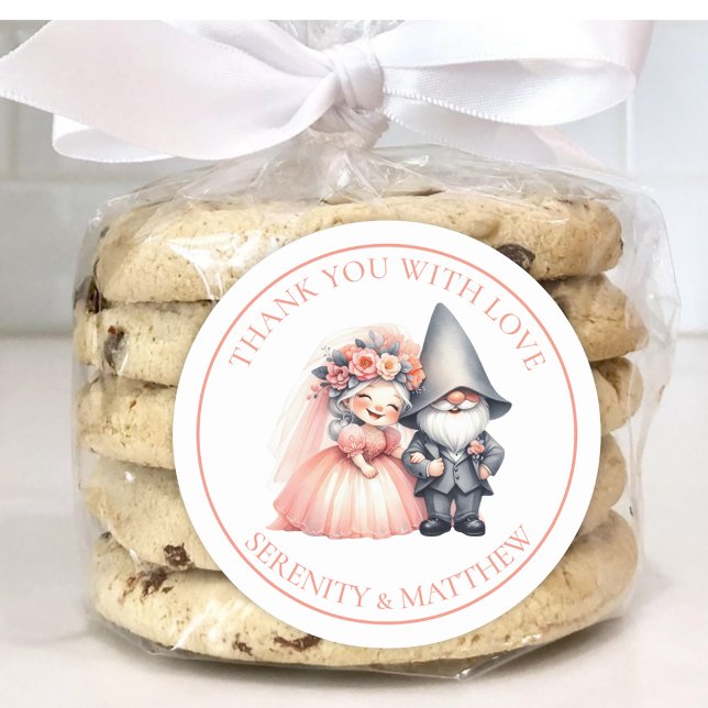 Garden Gnome Woodland Orange Wedding Thank You  Classic Round Sticker (Creator Uploaded)