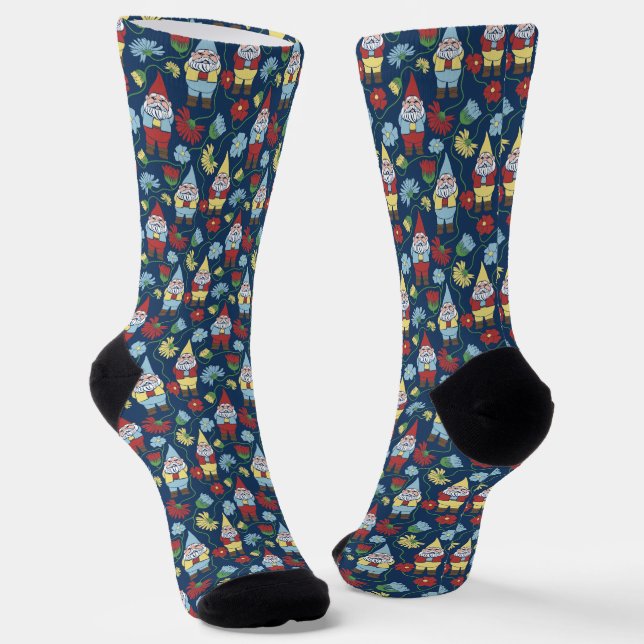 Garden Gnomes and Flowers Navy Blue Patterned Socks (Angled)