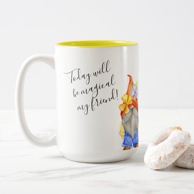 Garden Gnomes, Fun Colourful Modern  Two-Tone Coff Coffee Mug (With Donut)