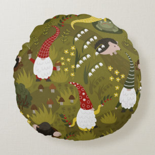 Garden Gnomes: Humourous Flora Fauna. Round Cushion