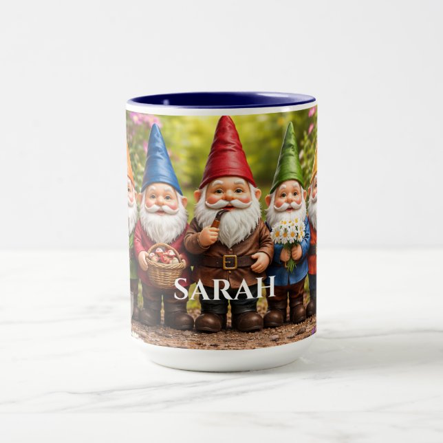Garden Gnomes in a Row Custom Name Mug (Center)