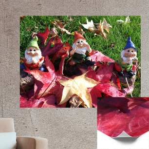 Garden Gnomes in the Yard Fall Red Brown Leaves Poster