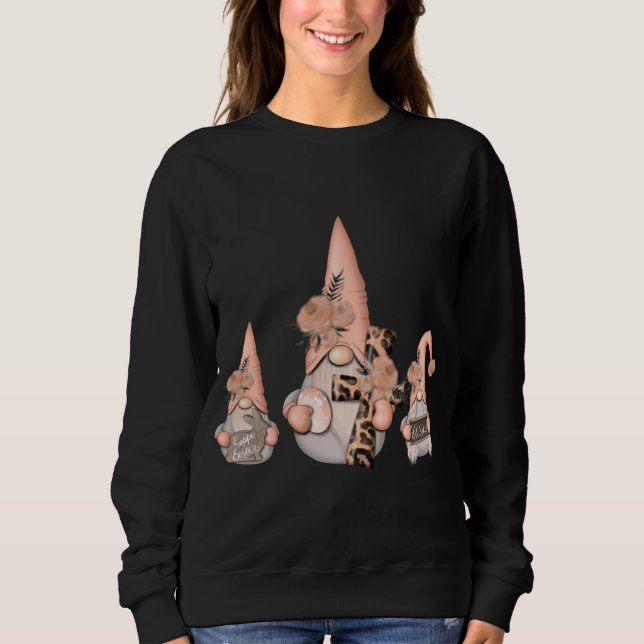 Garden Gnomes with Floral Leopard Cross Egg Rabbit Sweatshirt (Front)
